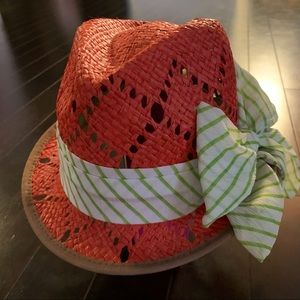 Orange Fedora Style Hat with Striped Lime Bow